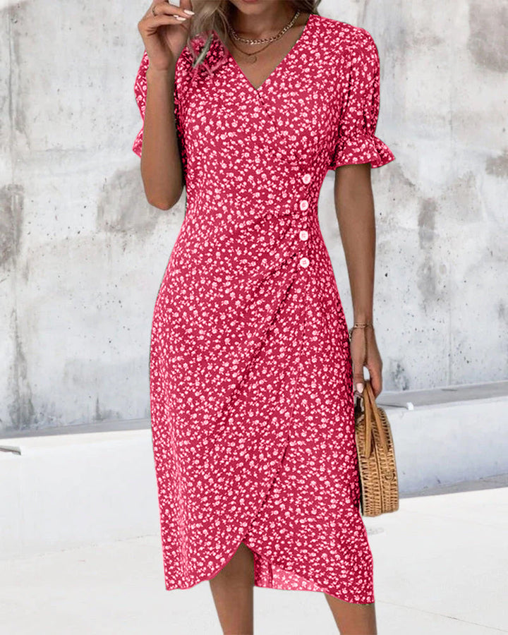 Adeline | Polished Floral Midi Dress with Puff Sleeves