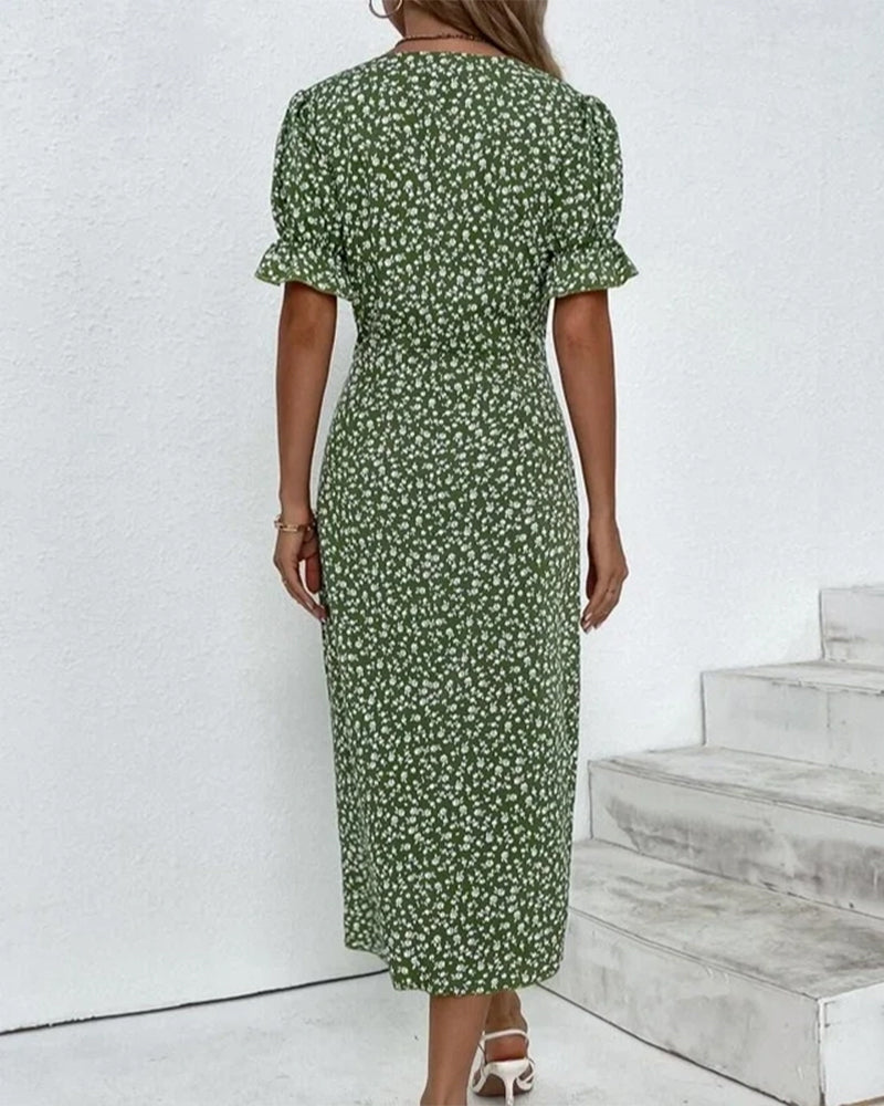 Adeline | Polished Floral Midi Dress with Puff Sleeves