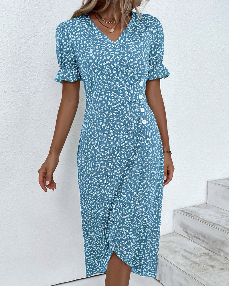 Adeline | Polished Floral Midi Dress with Puff Sleeves