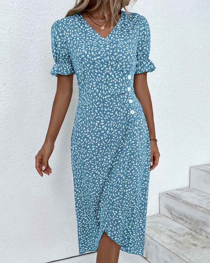 Adeline | Polished Floral Midi Dress with Puff Sleeves