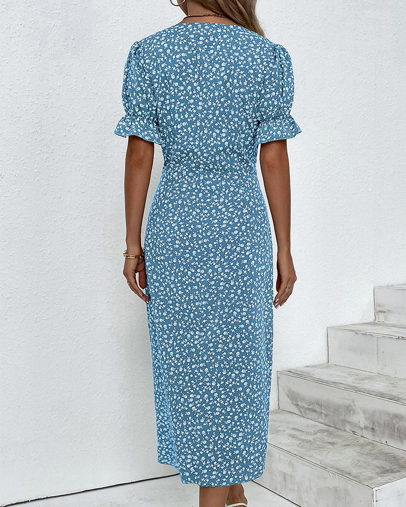 Adeline | Polished Floral Midi Dress with Puff Sleeves