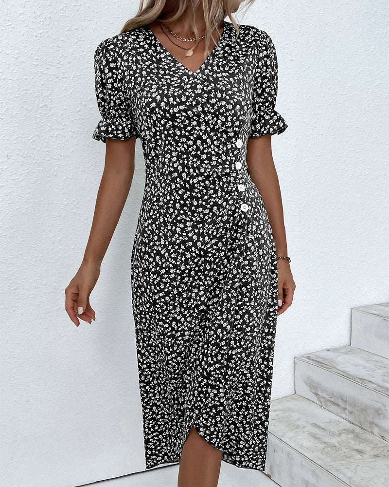 Adeline | Polished Floral Midi Dress with Puff Sleeves