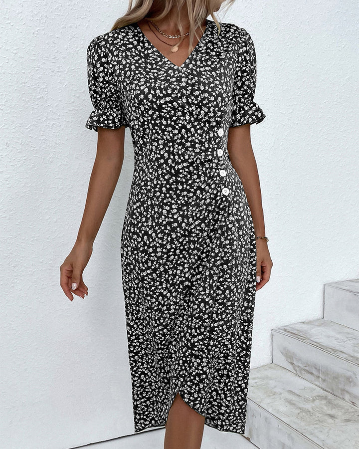 Adeline | Polished Floral Midi Dress with Puff Sleeves