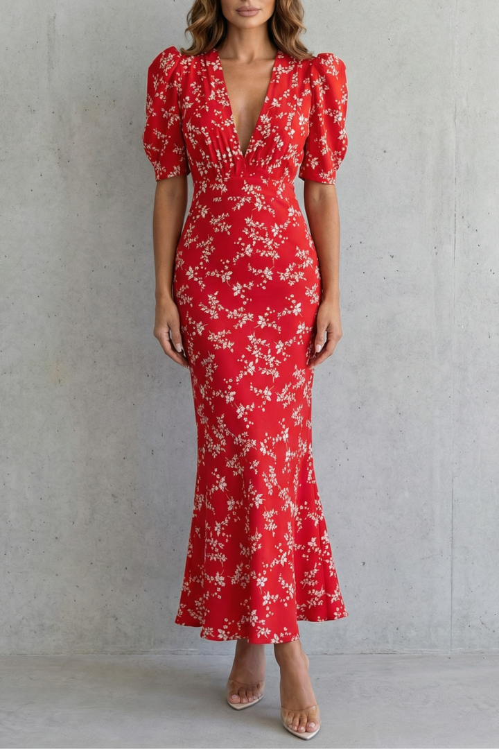 Adeline | Refined Floral Print Races Dress with Puff Sleeve Maxi