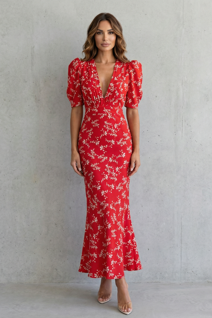 Adeline | Refined Floral Print Races Dress with Puff Sleeve Maxi