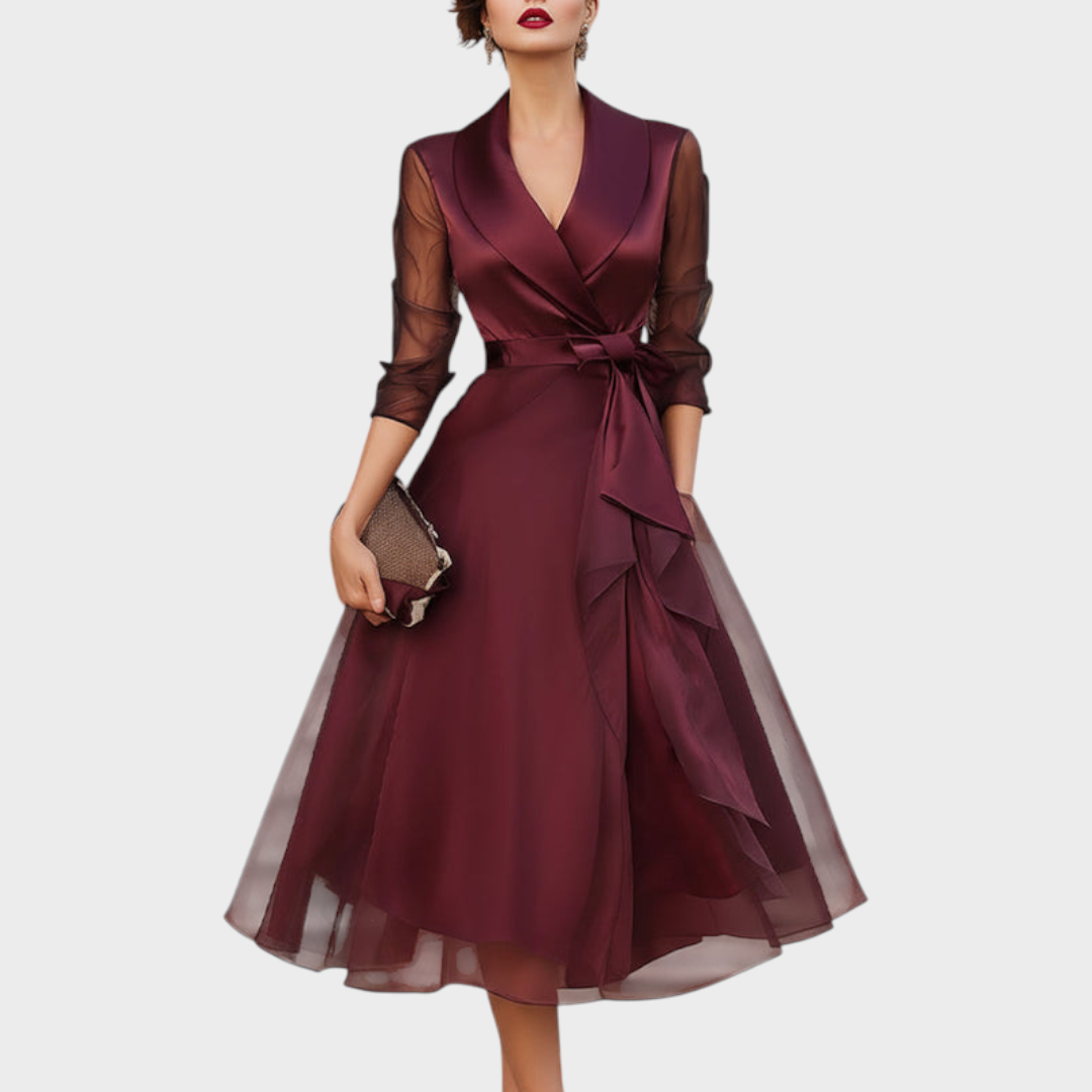 Alice | Elegant Wrap Midi Party Dress with Mesh Sleeves