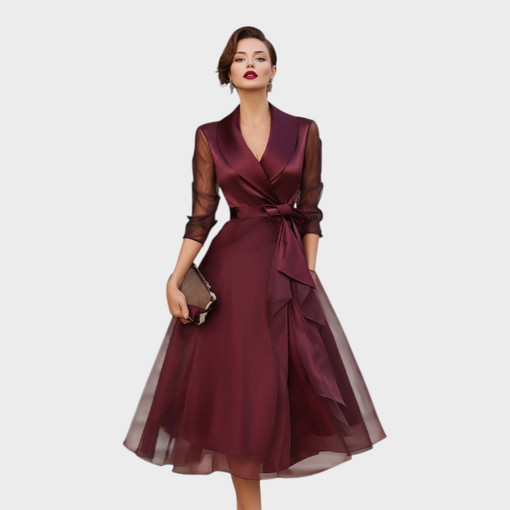 Alice | Elegant Wrap Midi Party Dress with Mesh Sleeves