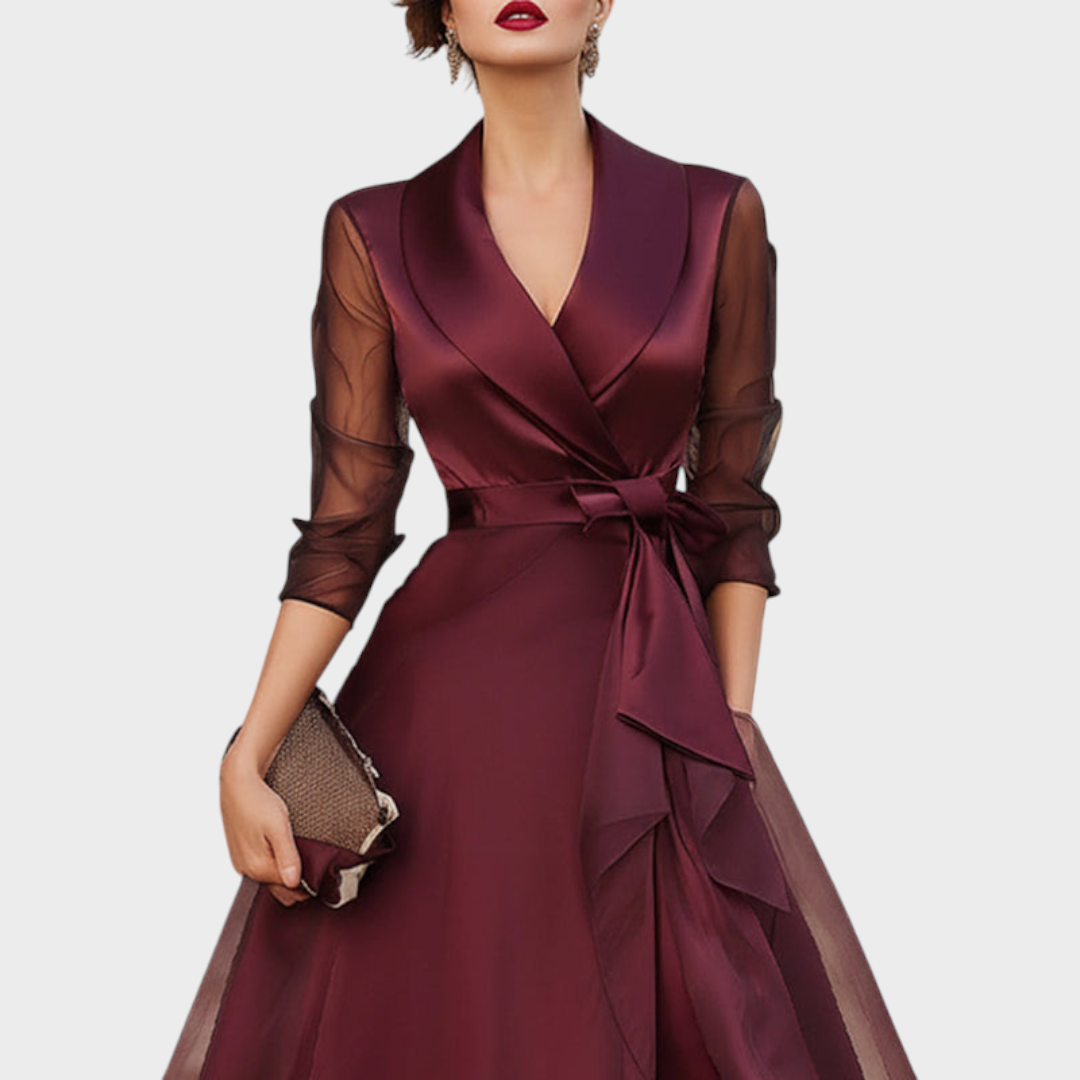 Alice | Elegant Wrap Midi Party Dress with Mesh Sleeves
