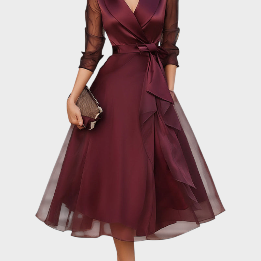 Alice | Elegant Wrap Midi Party Dress with Mesh Sleeves