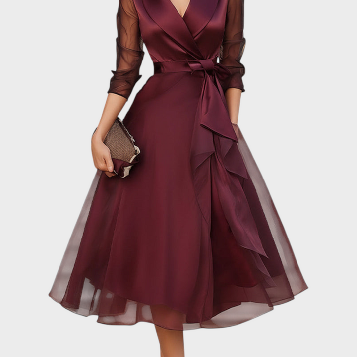 Alice | Elegant Wrap Midi Party Dress with Mesh Sleeves
