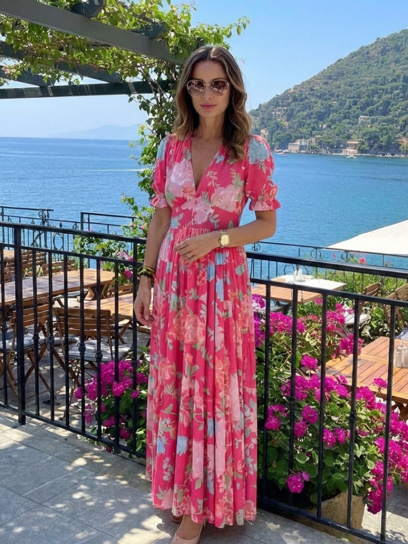 Amara | Classic Floral V-Neck Races Dress Maxi