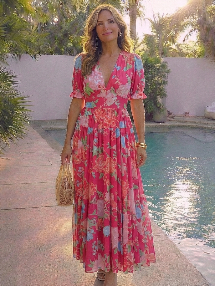 Amara | Classic Floral V-Neck Races Dress Maxi