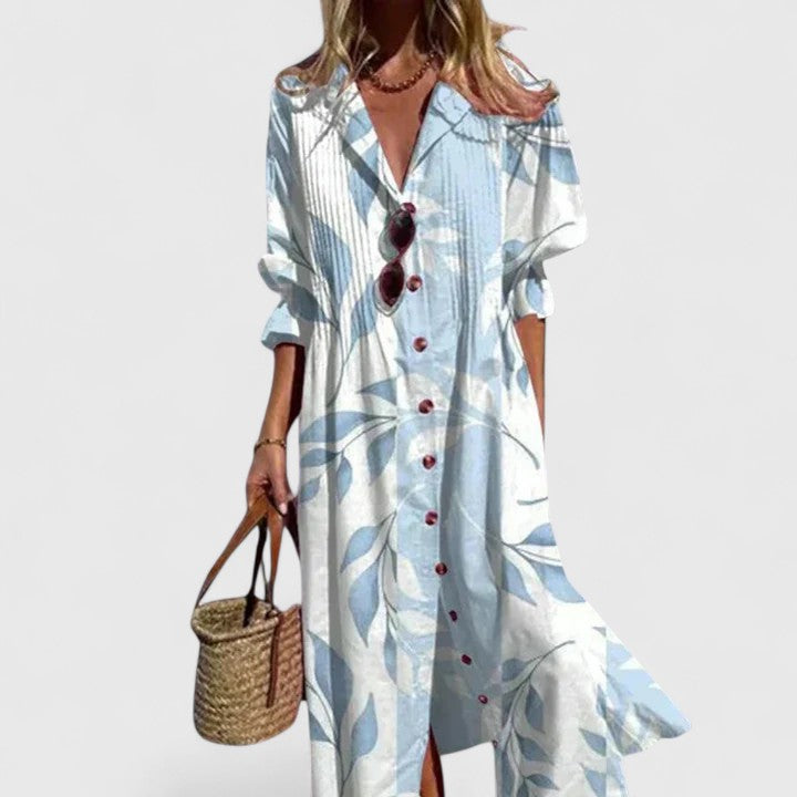 Amara | Effortless Floral Print Button Front Shirt Midi Dress