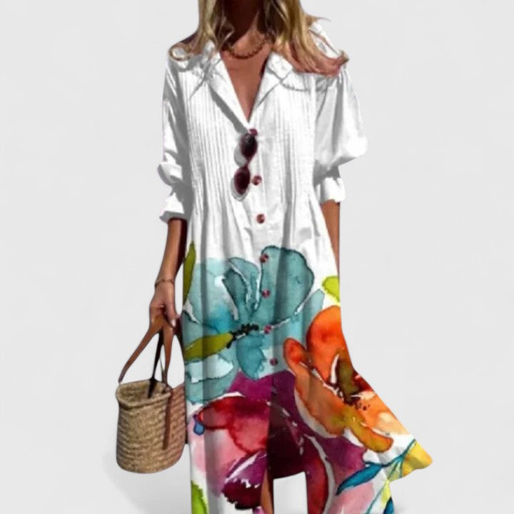 Amara | Effortless Floral Print Button Front Shirt Midi Dress