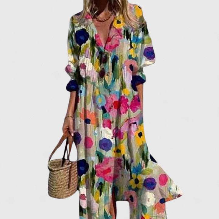 Amara | Effortless Floral Print Button Front Shirt Midi Dress