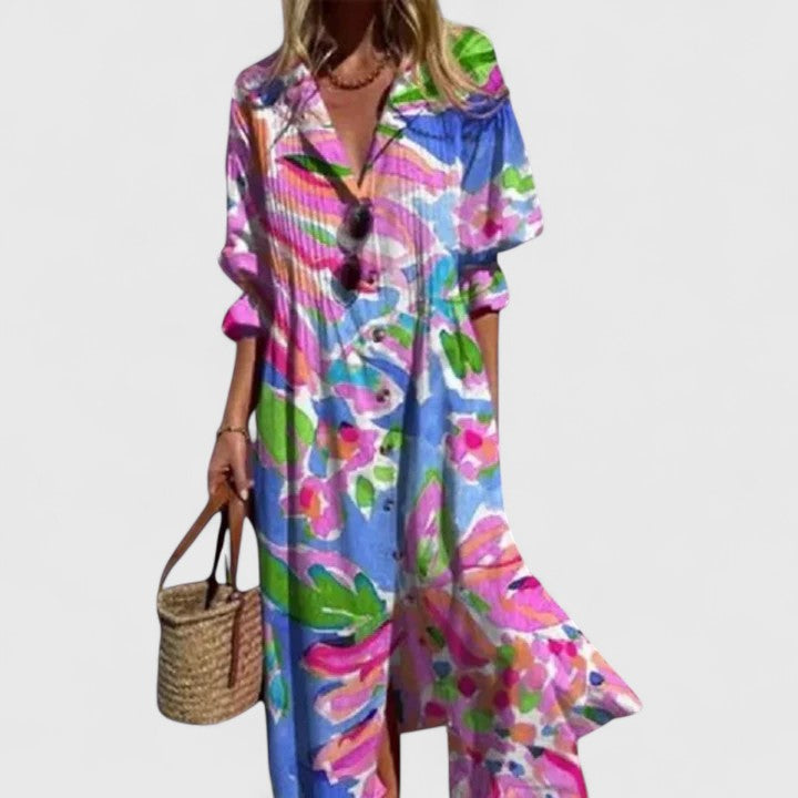 Amara | Effortless Floral Print Button Front Shirt Midi Dress