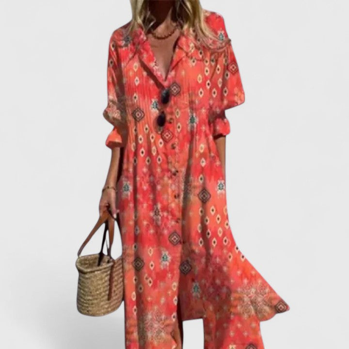Amara | Effortless Floral Print Button Front Shirt Midi Dress