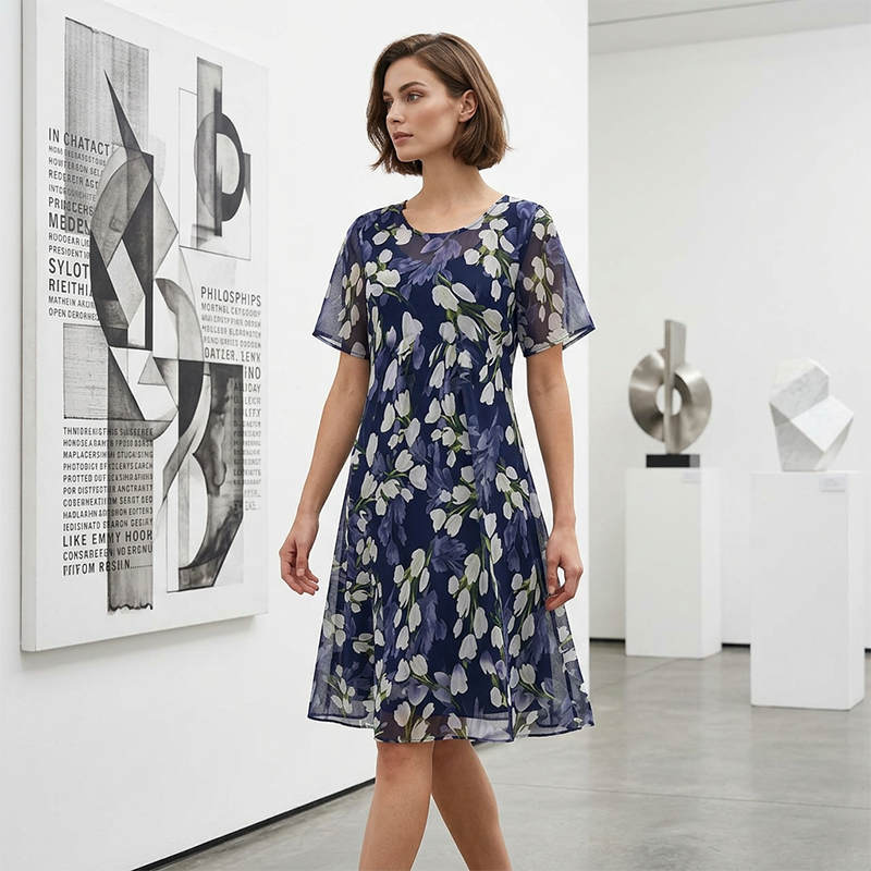 Amara | Elegant Floral Short Sleeve A-Line Midi Dress