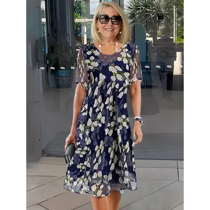 Amara | Elegant Floral Short Sleeve A-Line Midi Dress
