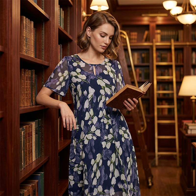 Amara | Elegant Floral Short Sleeve A-Line Midi Dress