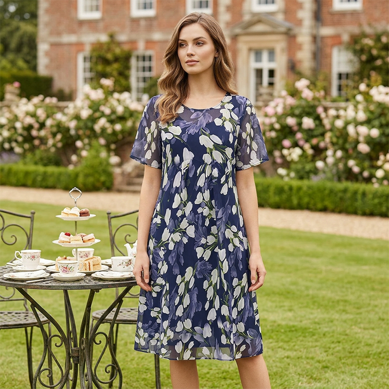 Amara | Elegant Floral Short Sleeve A-Line Midi Dress