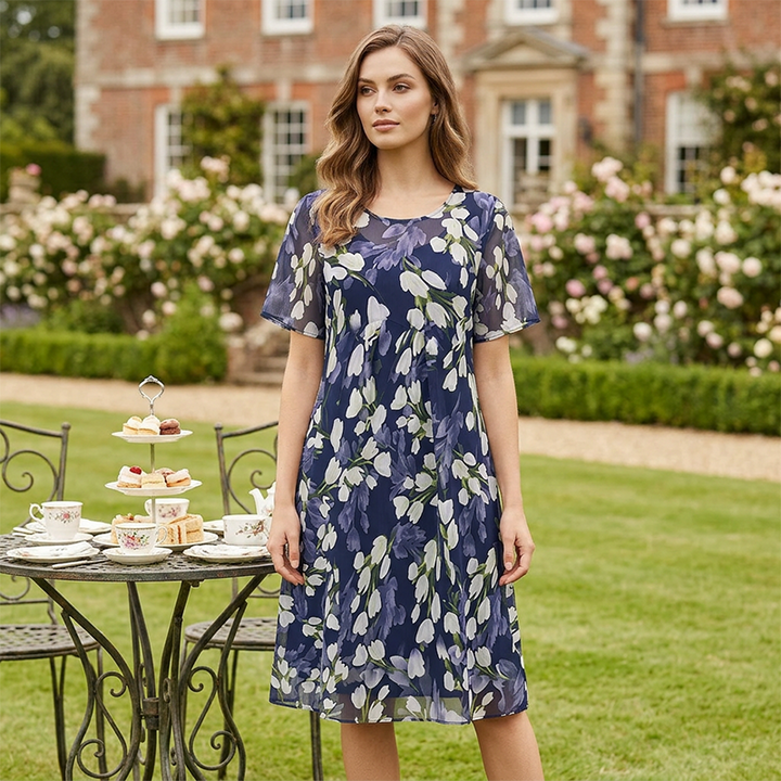Amara | Elegant Floral Short Sleeve A-Line Midi Dress