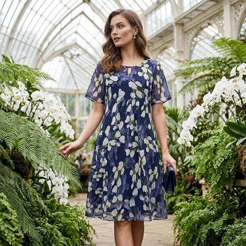 Amara | Elegant Floral Short Sleeve A-Line Midi Dress