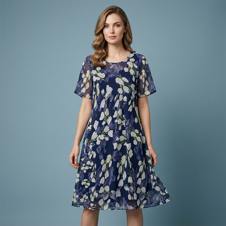 Amara | Elegant Floral Short Sleeve A-Line Midi Dress