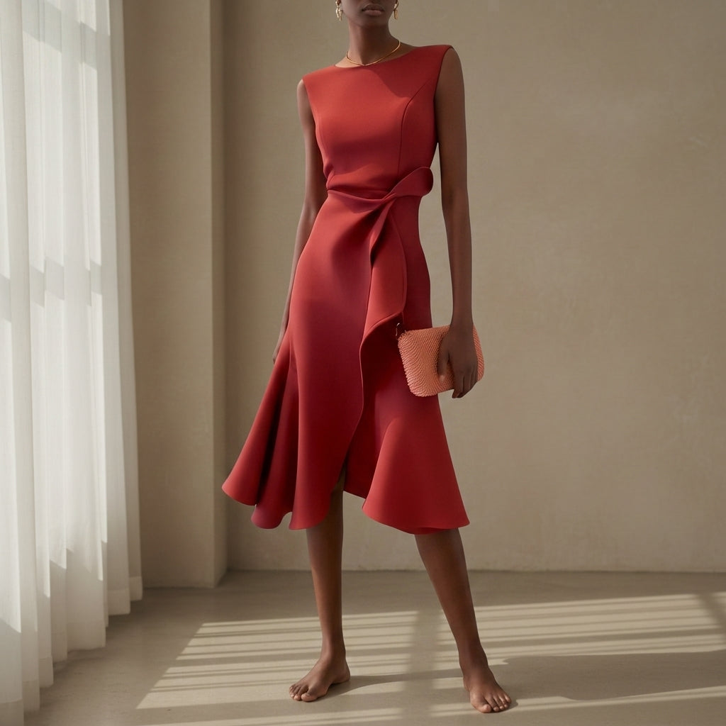 Amelia | Classic Asymmetric Draped Midi Party Dress