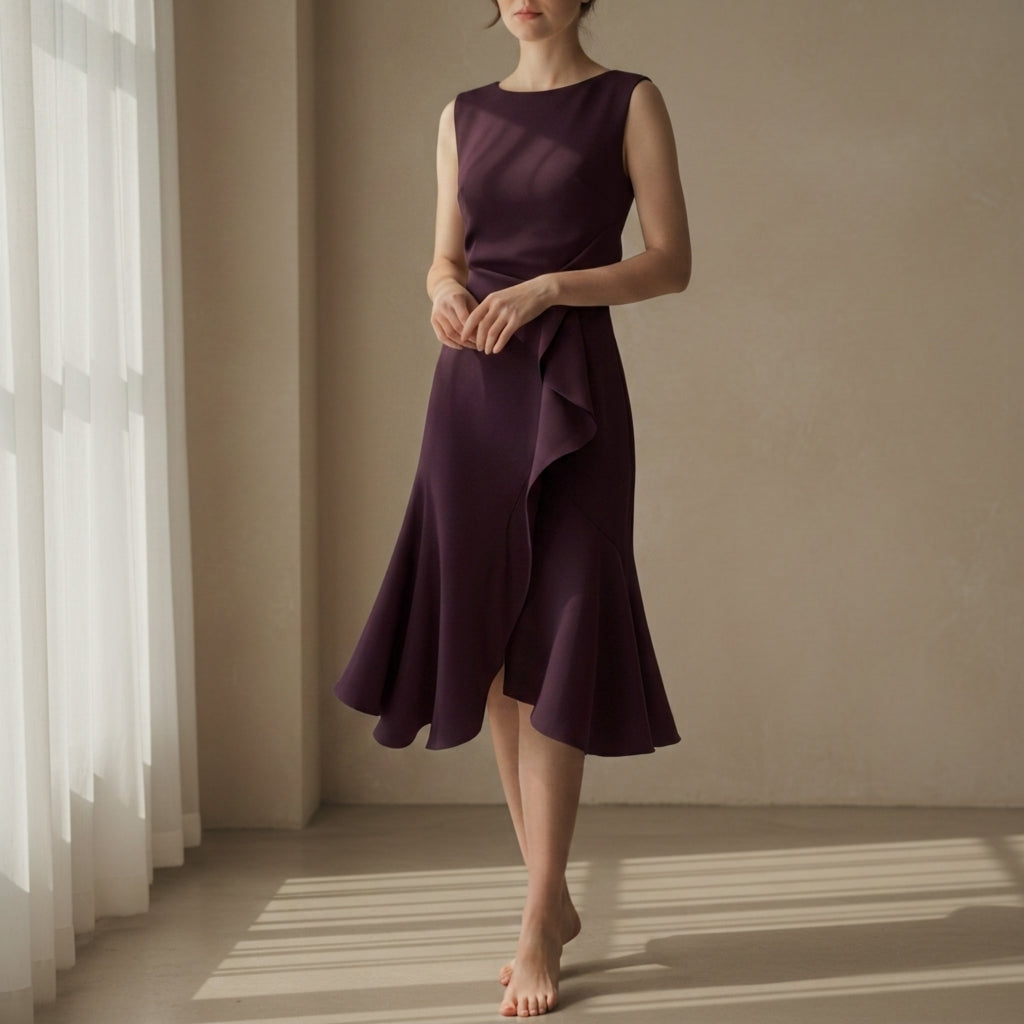 Amelia | Classic Asymmetric Draped Midi Party Dress