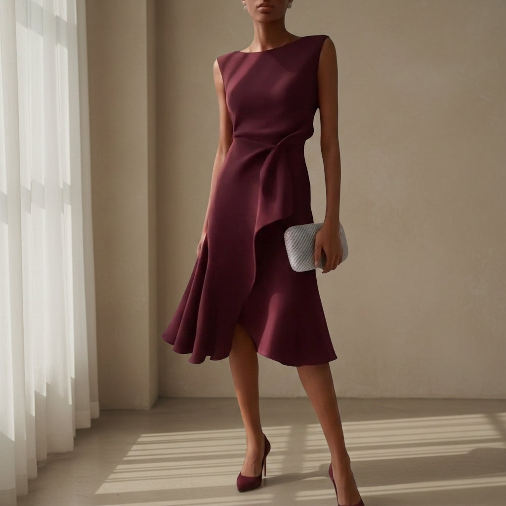 Amelia | Classic Asymmetric Draped Midi Party Dress