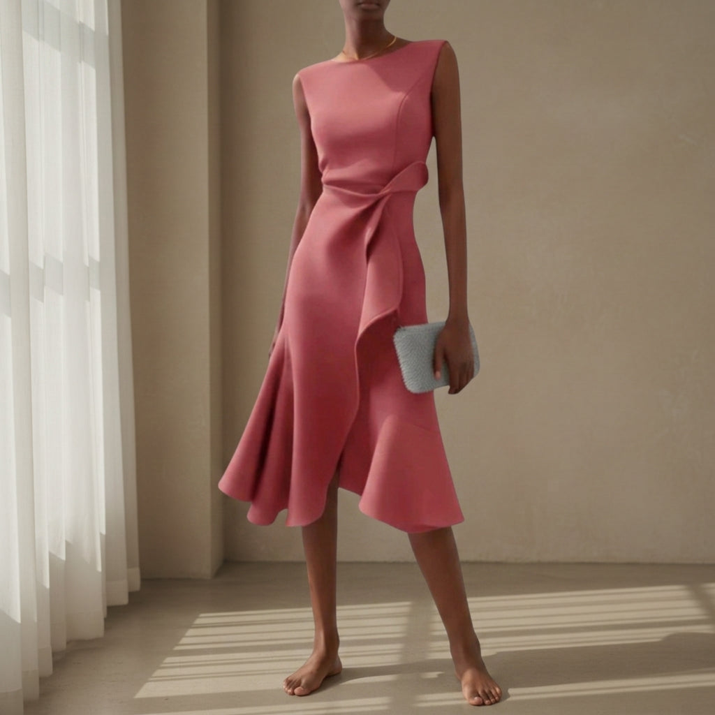 Amelia | Classic Asymmetric Draped Midi Party Dress