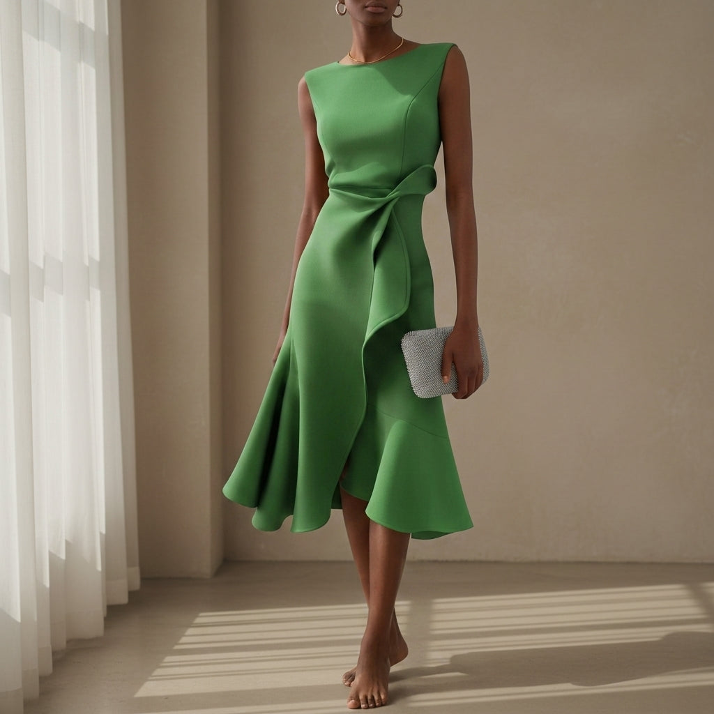 Amelia | Classic Asymmetric Draped Midi Party Dress