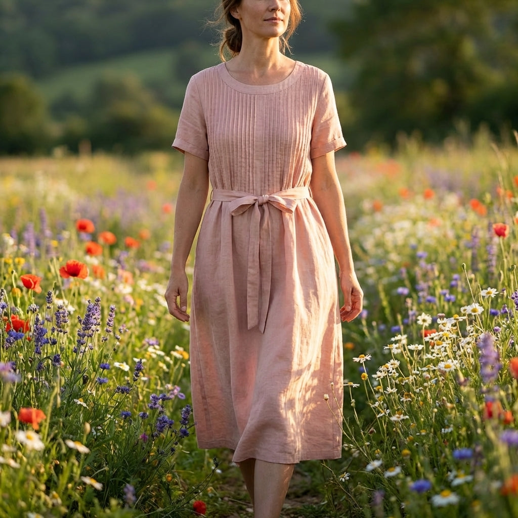 Amelia | Effortless Short Sleeve Tie Waist Midi Dress