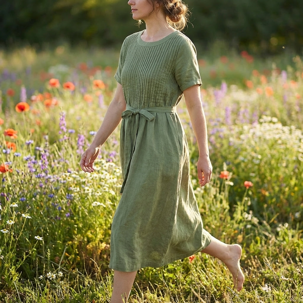 Amelia | Effortless Short Sleeve Tie Waist Midi Dress