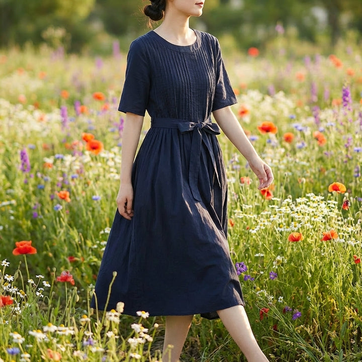 Amelia | Effortless Short Sleeve Tie Waist Midi Dress