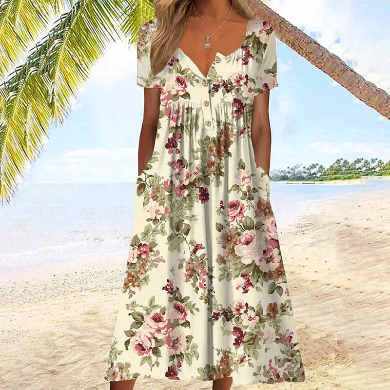 Amelia | Elegant Floral Button-Front Midi Summer Dress