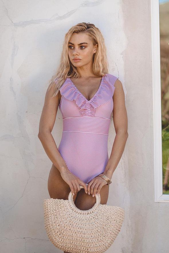 Amelia | Polished Striped Ruffle V-Neck One Piece Swimsuit