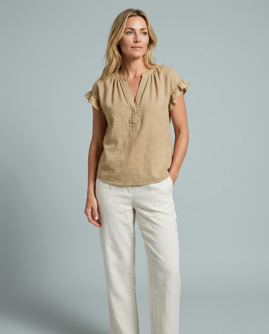 Amelia | Timeless Ruffle Sleeve V-Neck Linen Tops