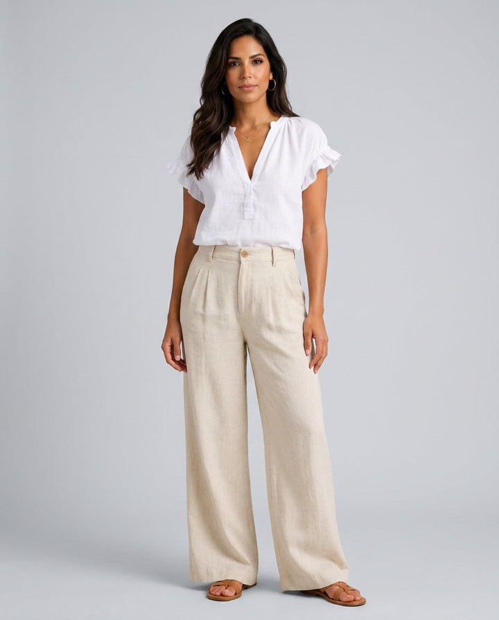 Amelia | Timeless Ruffle Sleeve V-Neck Linen Tops