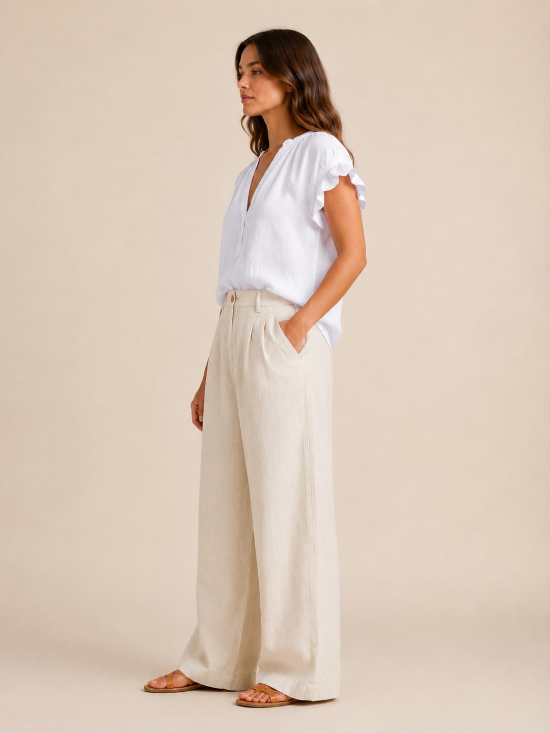 Amelia | Timeless Ruffle Sleeve V-Neck Linen Tops