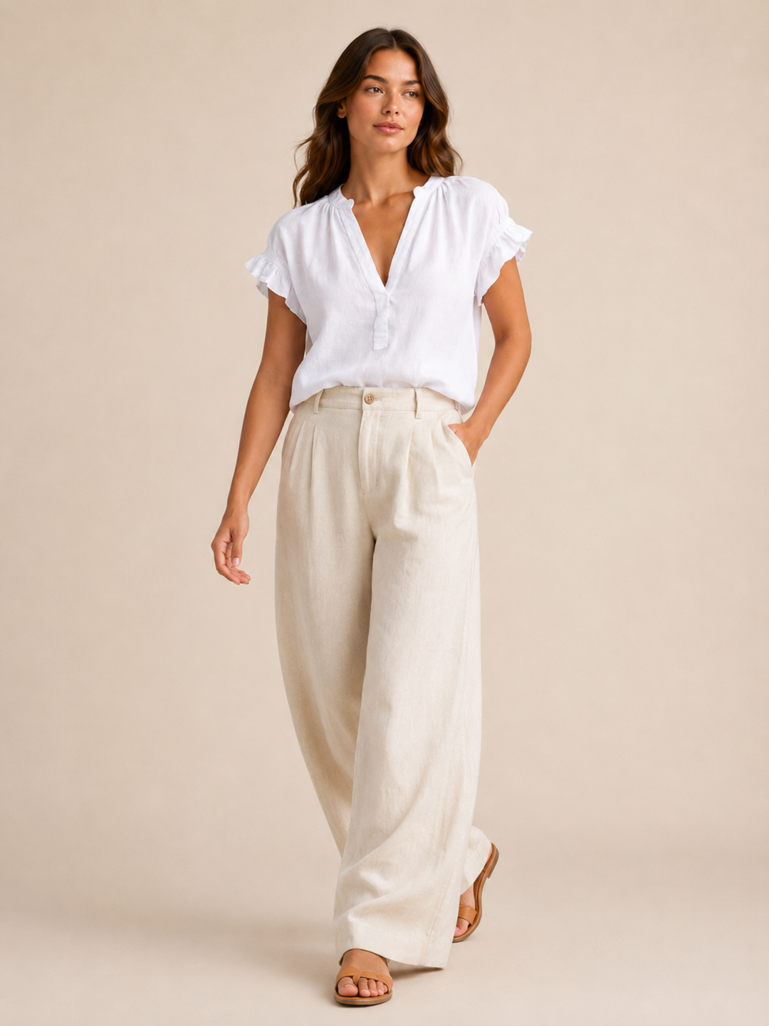 Amelia | Timeless Ruffle Sleeve V-Neck Linen Tops
