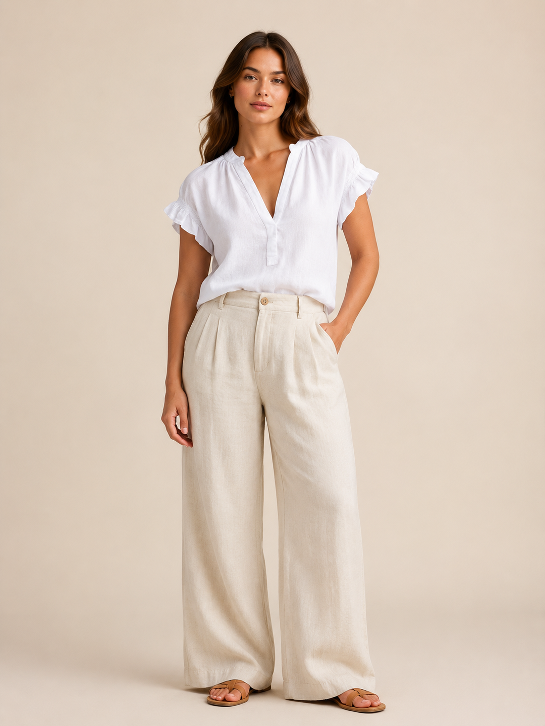 Amelia | Timeless Ruffle Sleeve V-Neck Linen Tops