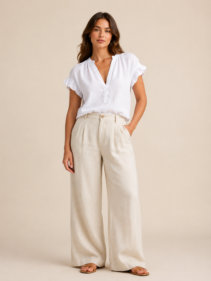 Amelia | Timeless Ruffle Sleeve V-Neck Linen Tops