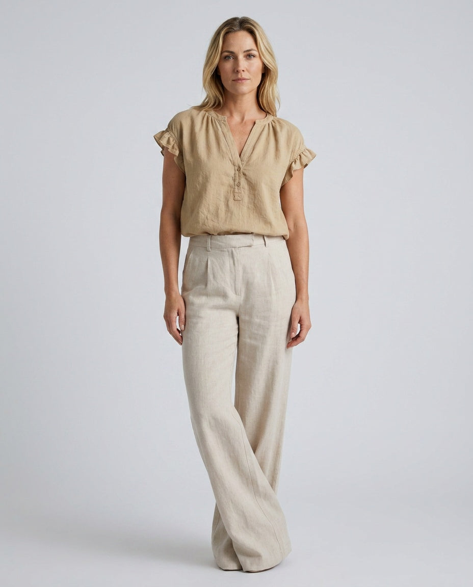 Amelia | Timeless Ruffle Sleeve V-Neck Linen Tops