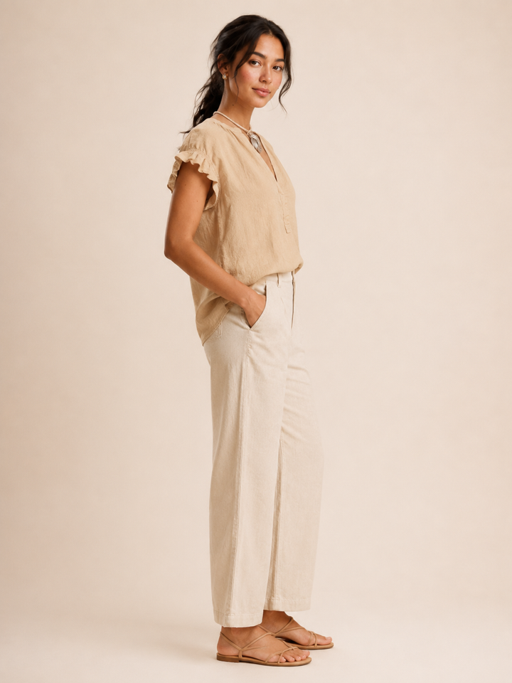 Amelia | Timeless Ruffle Sleeve V-Neck Linen Tops