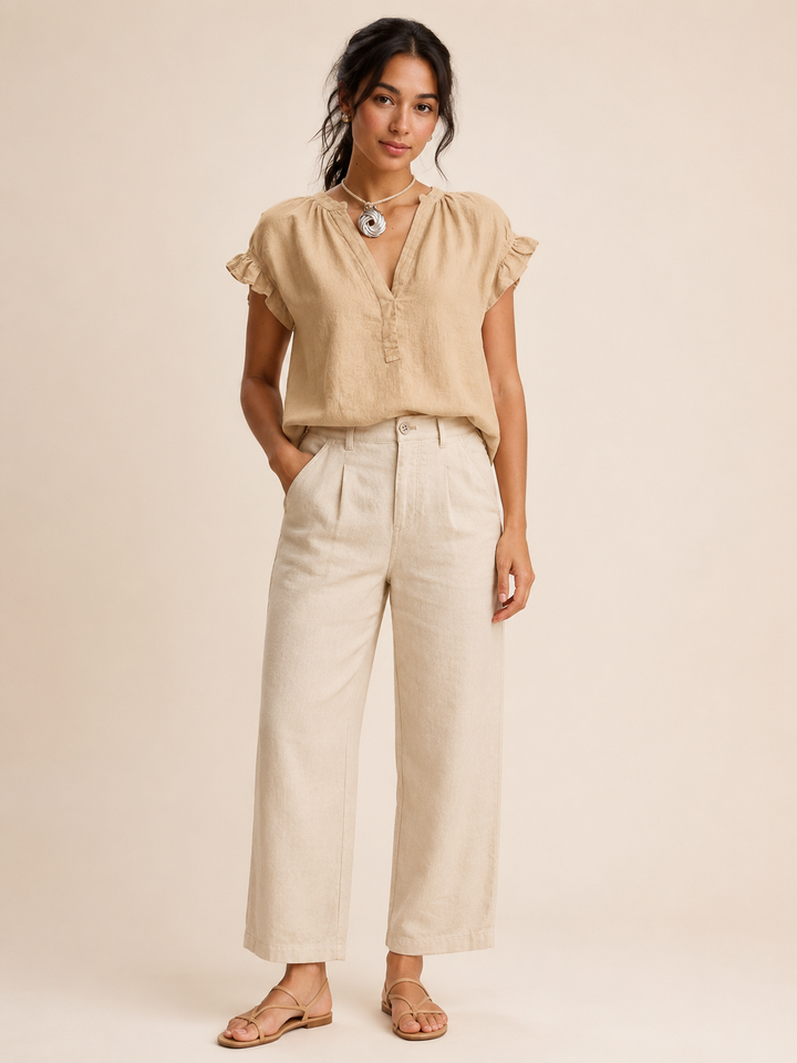 Amelia | Timeless Ruffle Sleeve V-Neck Linen Tops