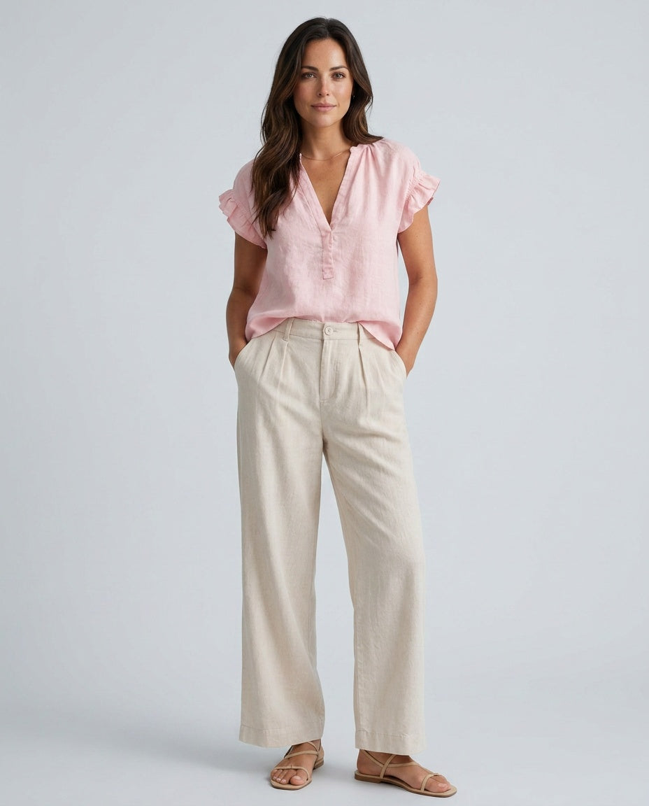 Amelia | Timeless Ruffle Sleeve V-Neck Linen Tops