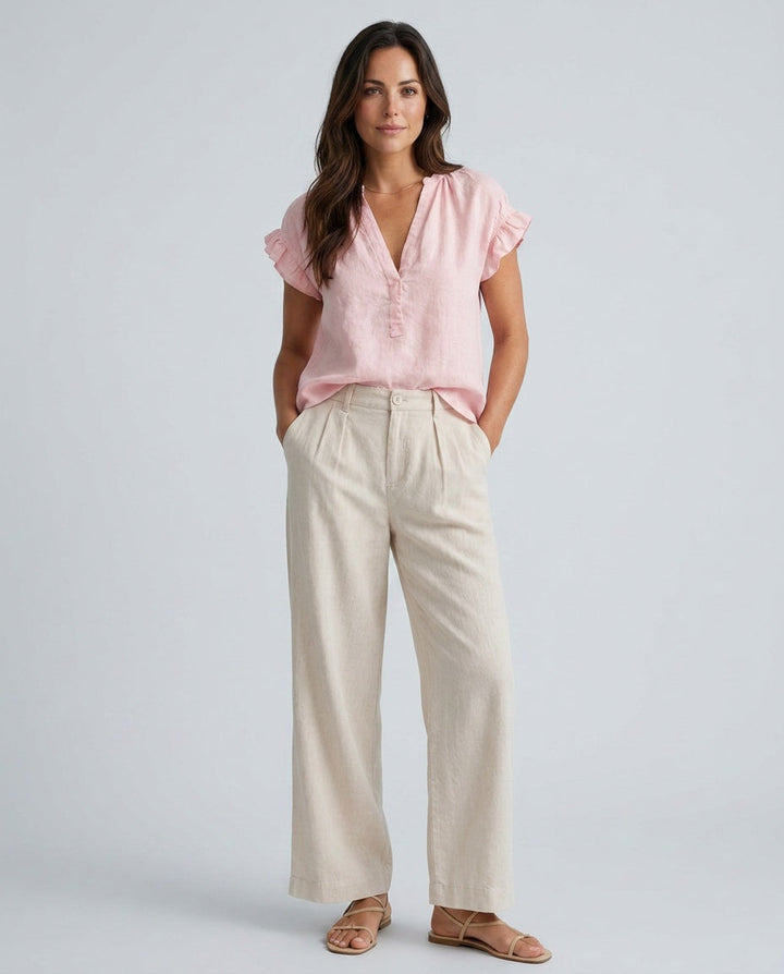 Amelia | Timeless Ruffle Sleeve V-Neck Linen Tops