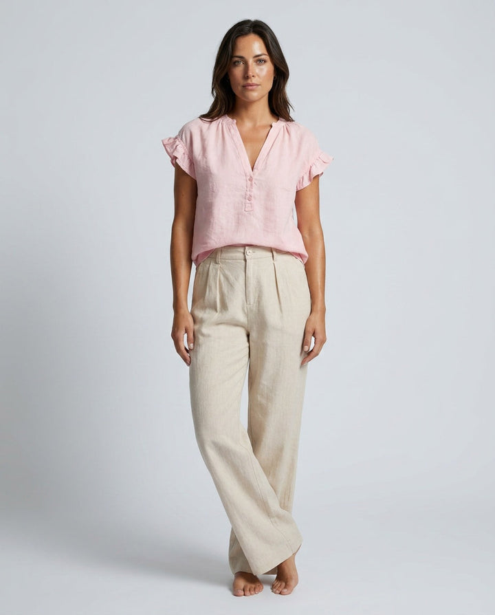 Amelia | Timeless Ruffle Sleeve V-Neck Linen Tops